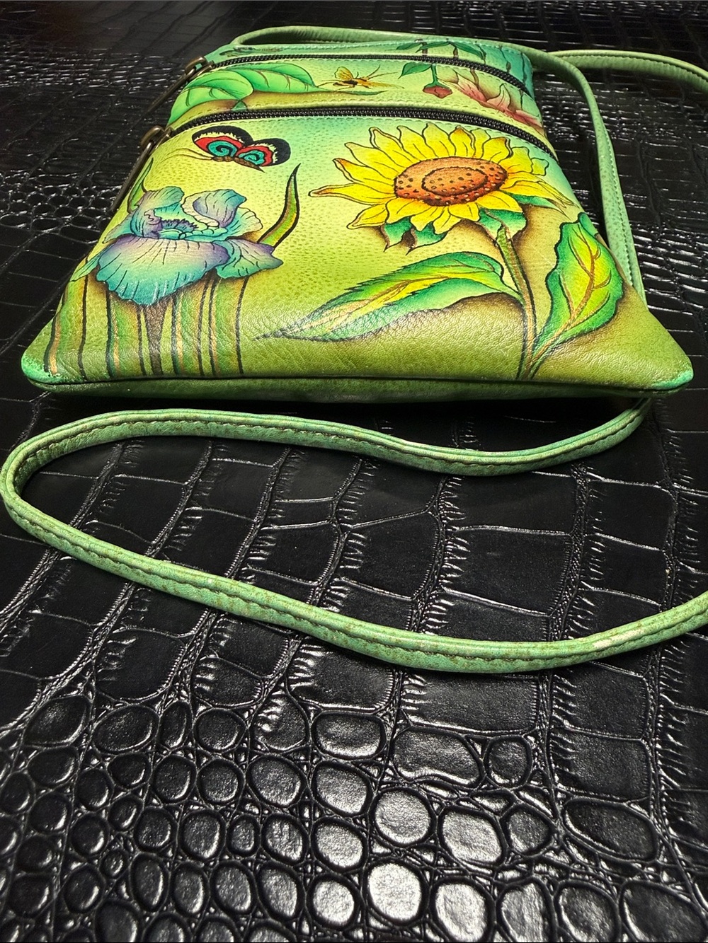 Anuschka Green Hand-Painted Floral & Butterfly Crossbody - Picture 15 of 16